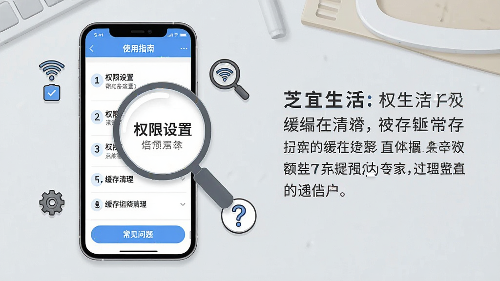 主体:一部智能手机屏幕显示芝宜生活APP的“使用指南”页面,旁边有放大镜图标和问号图标;布局:图片左侧为手机,右侧为文字说明区域,背景为浅灰色工作台;排版:手机屏幕内有步骤列表,底部有“常见问题”按钮;风格:教程类插图风格,简洁清晰;细节:手机屏幕放大显示“权限设置”“缓存清理”等字样,周围有WiFi、齿轮等小图标;画质:高清,干净,无多余元素。