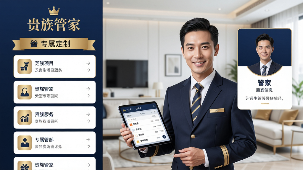 主体:芝宜生活APP“贵族管家”服务页面,一位身着制服的管家手持平板电脑,正在与用户沟通需求;布局:页面左侧为服务项目列表,右侧为管家信息卡片,顶部有“贵族管家”标题;排版:左右分栏式设计,信息层级清晰,重点突出“专属定制”字样;风格:高端商务风格,配以金色与深蓝色调;细节:管家表情专业友好,平板屏幕上显示订单详情,背景为明亮的现代客厅;画质:超清画质,干净,无多余元素。