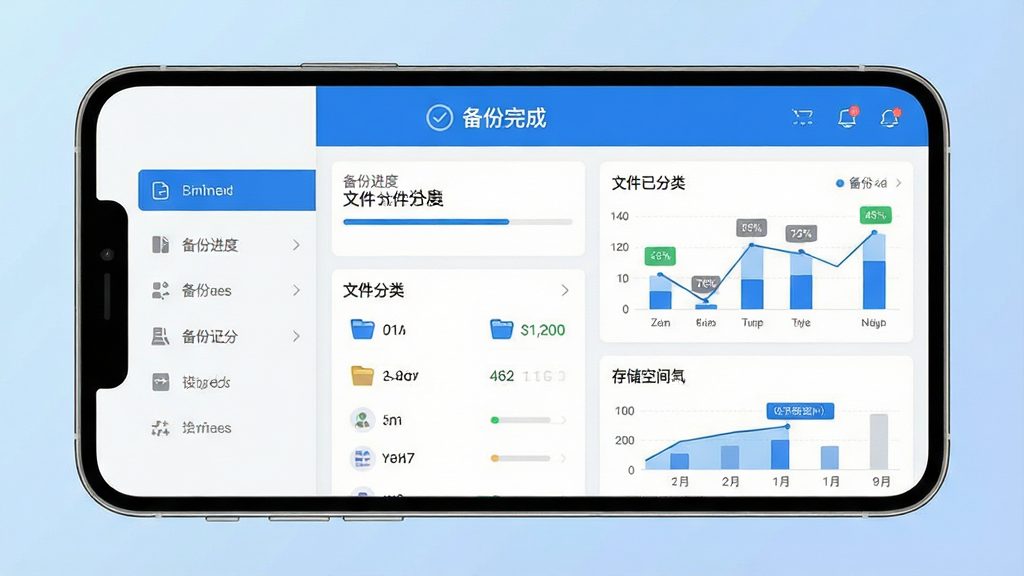 主体:微聊天记录手机端备份软件主界面展示,手机屏幕内显示备份进度、文件分类、存储空间图表。布局:手机居中,屏幕内容清晰可见,左侧为功能列表,右侧为数据图表。排版:简洁大方,界面元素排列有序,色彩以蓝白为主。风格:科技感、现代感,扁平化设计。细节:屏幕上显示“备份完成”、“文件已分类”等字样,背景为淡蓝色渐变。画质:高清、干净、无多余元素。