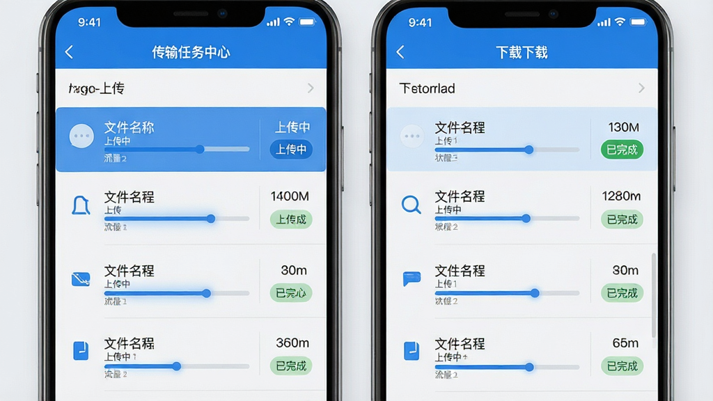 主体:微聊天记录手机端备份软件的传输任务中心界面,显示上传和下载队列。布局:屏幕分为上传和下载两个列表,每个任务显示文件名、进度条和流量数据。排版:列表式,重点信息高亮。风格:商务简约,蓝色调。细节:任务状态标签为“上传中”、“已完成”,背景为浅灰。画质:高清、干净、无多余元素。