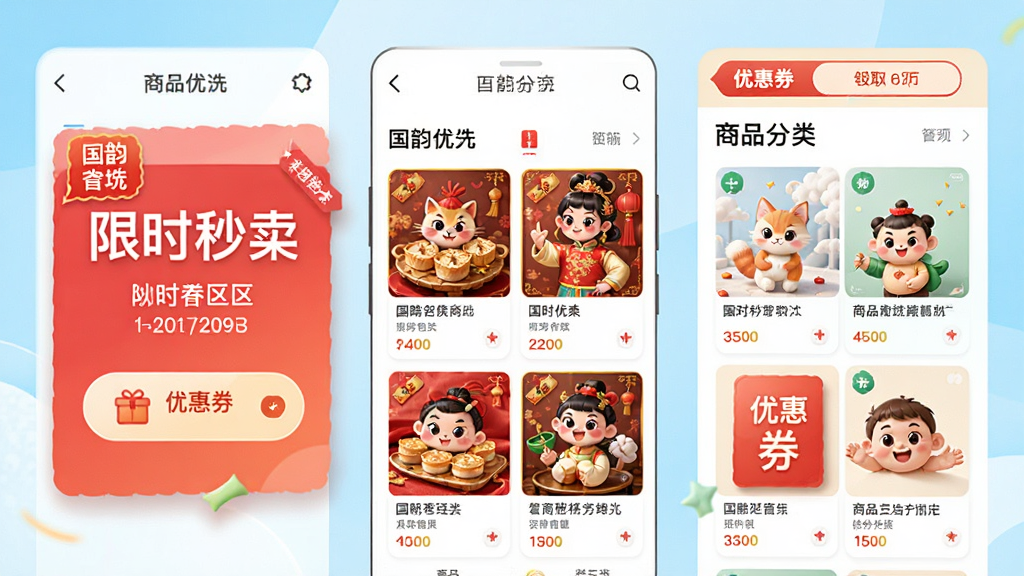 国韵优选APP商城页面设计,展示限时秒杀专区、优惠券领取入口和商品分类导航,商品图片清晰诱人,促销标签醒目,界面布局简洁明快,色彩明亮活泼,凸显购物氛围,画质细腻,干净无多余元素