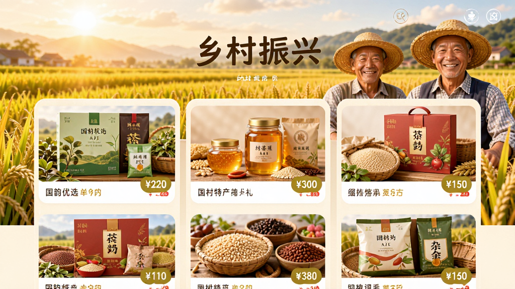 国韵优选APP乡村振兴板块页面,展示多款乡村特产礼盒,如茶叶、蜂蜜、杂粮等,每个商品卡片配有实拍图和价格标签,背景是丰收的田野和农民笑脸,画面温暖有感染力,排版整齐,色彩饱满,画质高清,干净无多余元素