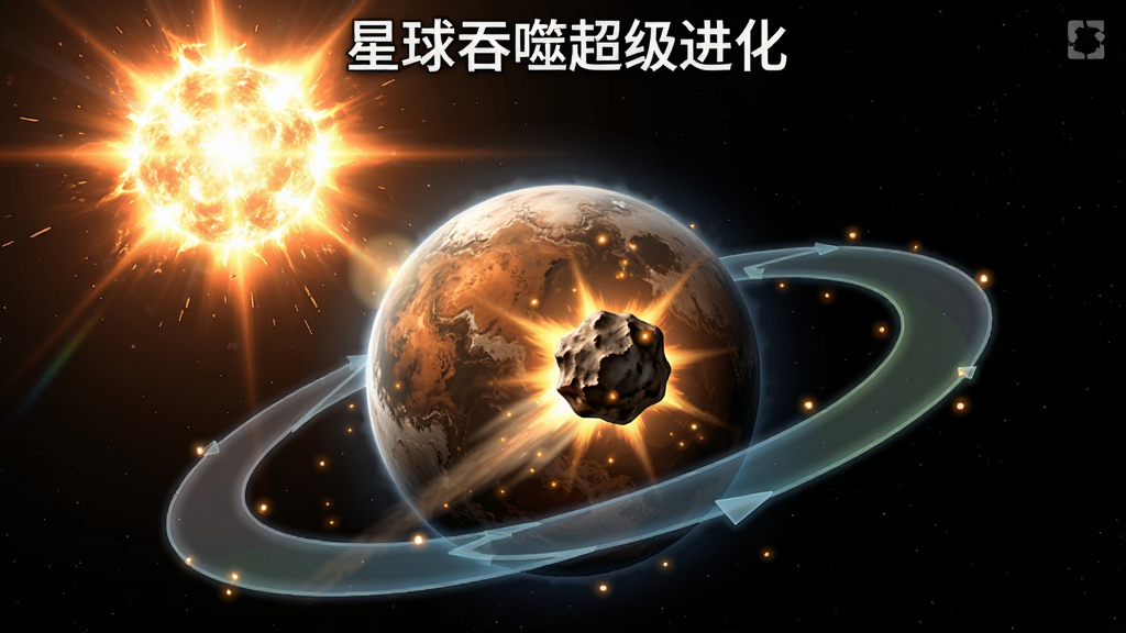 一张《星球吞噬超级进化》游戏策略玩法示意图,画面中央是一颗星球正在吞噬一颗较小的陨石,远处有一颗超新星正在爆发,发出耀眼的光芒,星球周围有半透明的路径线提示,布局采用中心构图,星球居中,超新星位于左上角,风格为动态游戏截图风格,光线效果强烈,画质清晰,干净无多余元素,图片上不添加任何文字。