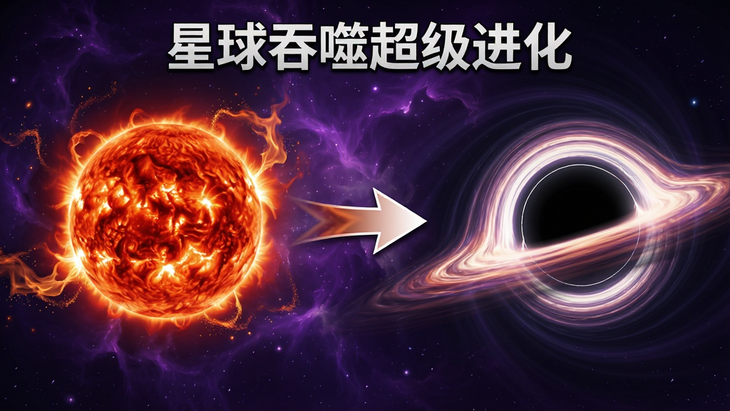 一张《星球吞噬超级进化》游戏特色展示图,画面左侧是红色炽热的恒星形态,右侧是深邃神秘的黑洞形态,中间有箭头示意进化方向,背景为紫色星云,布局采用左右对比式,恒星旁有流动的火焰粒子,黑洞周围有扭曲的光线效果,风格为科幻游戏原画,细节精致,画质高清,干净无多余元素,图片上不添加任何文字。