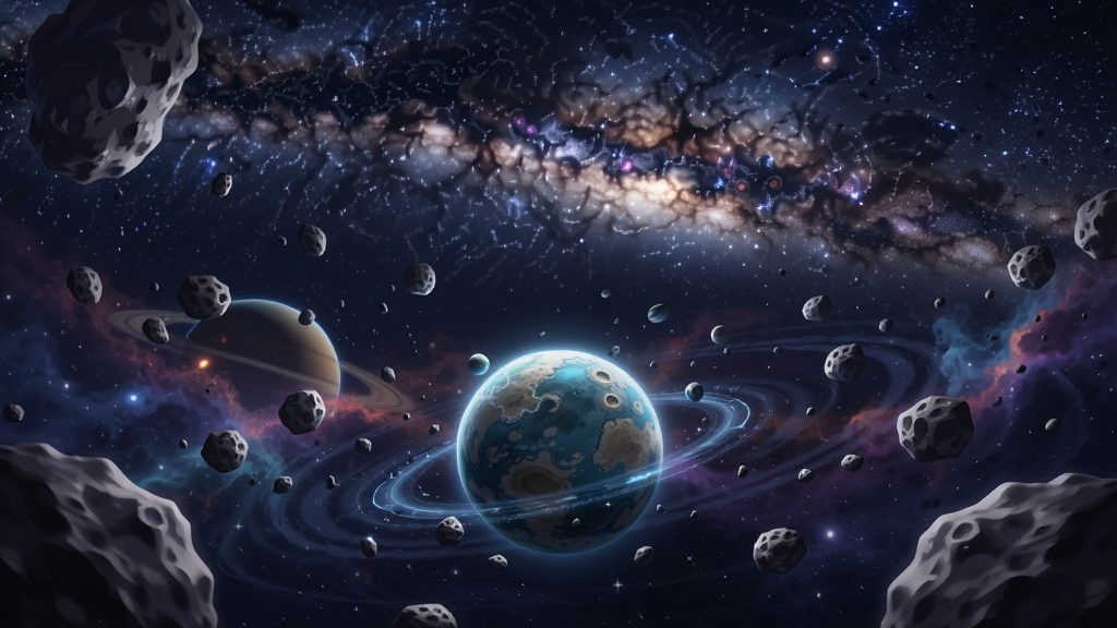 一张《星球吞噬超级进化》游戏自由探索场景图,画面中央是一颗小型星球在星空中漫游,周围散布着各种大小的陨石和星云,远处有银河系背景,布局采用开放式构图,星球位于画面下方中央,上方为广阔的星空,风格为唯美科幻插画风,色彩明亮,细节丰富,画质干净,无多余元素,图片上不添加任何文字。