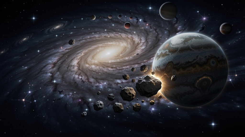 一张《星球吞噬超级进化》游戏动态缩放效果展示图,前景是一颗正在吞噬小行星的中等体积星球,背景是逐渐缩小的星系旋臂,画面采用透视构图,星球位于画面右侧三分之一处,左侧为广阔深空,风格为写实科幻CG,光影细腻,星云色彩丰富,画质清晰干净,无多余元素,图片上不添加任何文字。