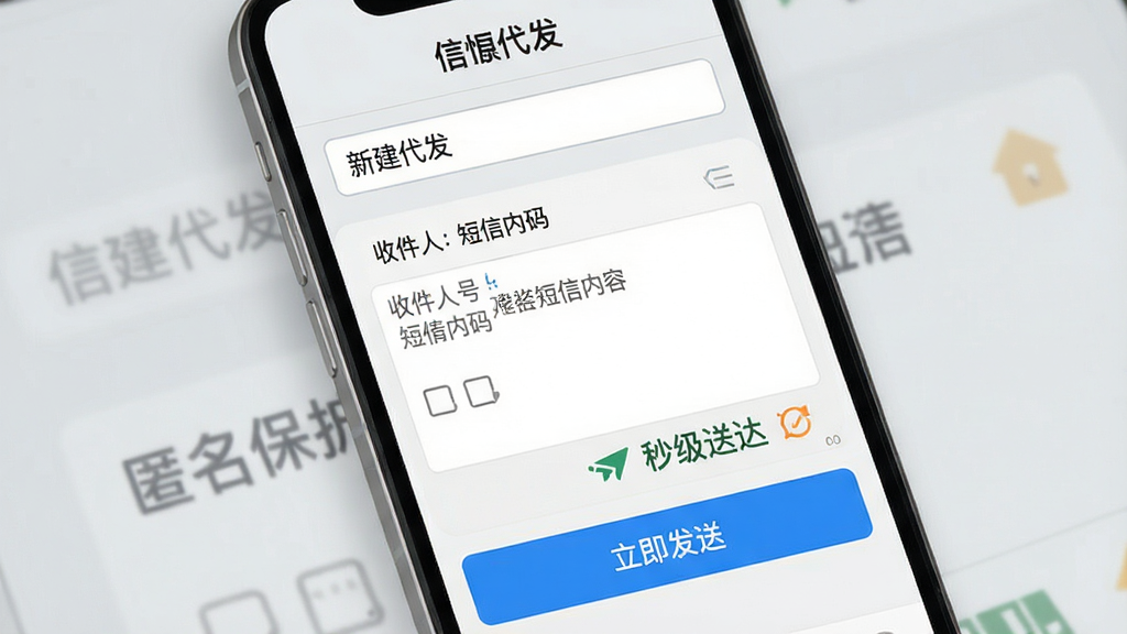 图片描述:手机屏幕展示“信蜂代发”短信代发功能操作界面,顶部有“新建代发”输入框,中间显示收件人号码和短信内容编辑区域,底部有“立即发送”蓝色按钮,界面清晰标注“匿名保护”“秒级送达”字样,背景为浅灰色,整体风格简洁商务,画质细腻,干净无多余元素。