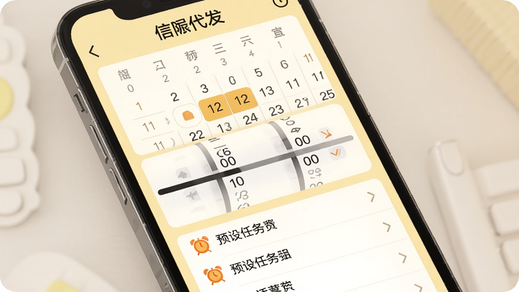 图片描述:手机界面展示“信蜂代发”定时发送设置页面,日历控件高亮显示具体日期,时间滚轮选择器处于调整状态,下方列出预设任务列表,每个任务旁有闹钟图标,界面采用浅黄色背景,风格温馨,画质高清,干净无多余元素。