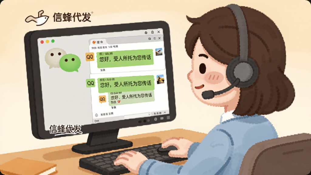 图片描述:一幅插画风格图片,画面中央是一位戴耳麦的客服人员正在操作电脑,电脑屏幕显示微信和QQ聊天窗口,对话气泡中写有“您好,受人所托为您传话”,旁边有“信蜂代发”品牌标识,整体色调温暖,风格亲和,画质清晰,干净无多余元素。