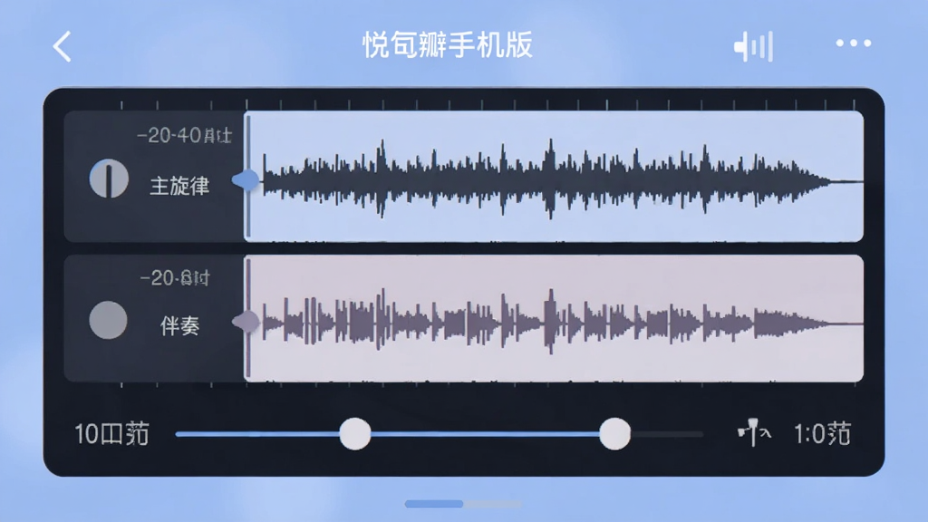 一幅展示悦瓣手机版双轨音频控制界面的示意图,画面中有两条独立的音频轨道,分别标注“主旋律”和“伴奏”,下方有音量滑块,整体风格清晰直观,配以柔和的蓝色背景,画质干净无多余元素