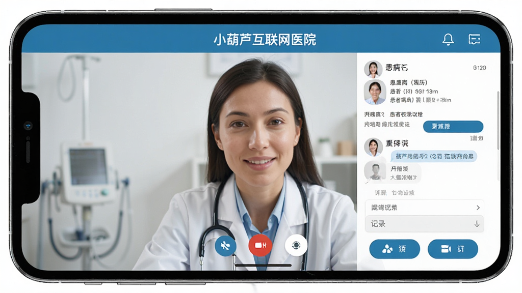 小葫芦互联网医院-医生端APP在线问诊界面,医生与患者进行视频通话,屏幕显示患者病历信息与对话记录,界面布局清晰,功能按钮齐全,医疗风格专业,画质高清,干净无多余元素
