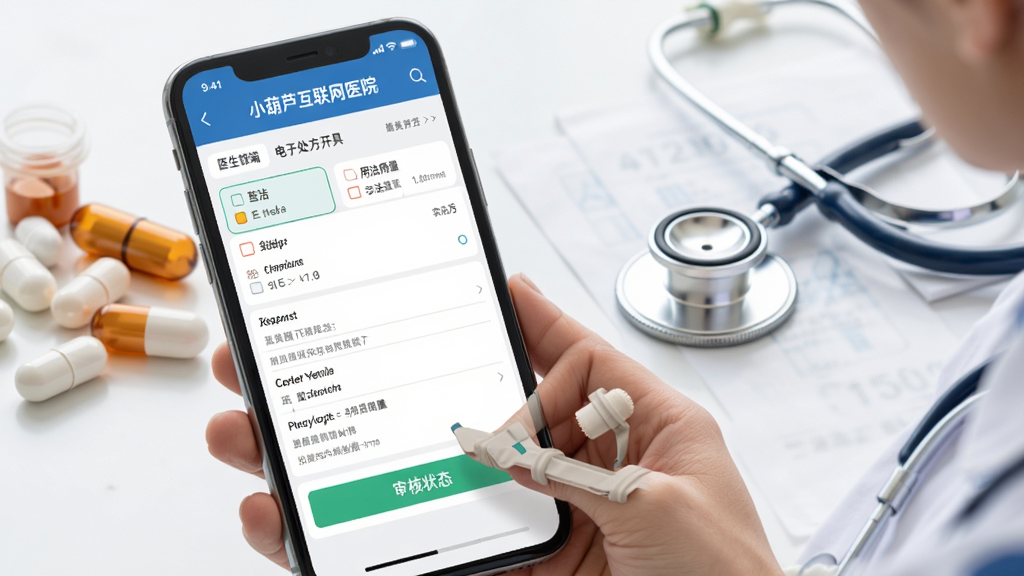 小葫芦互联网医院-医生端APP电子处方开具界面,医生勾选药品并填写用法用量,屏幕显示处方详情与审核状态,背景有药丸与听诊器元素,专业医疗风格,画质高清,干净无多余元素
