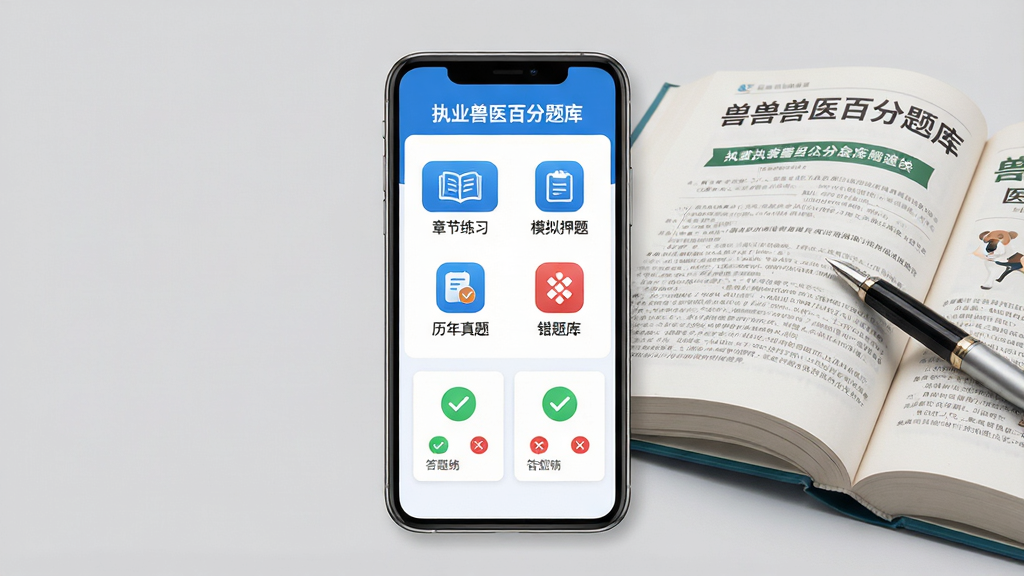 一张展示智能手机屏幕的图片,屏幕中清晰显示“执业兽医百分题库”APP的界面,界面风格清爽简洁,以蓝白为主色调,主界面有“章节练习”、“模拟押题”、“历年真题”、“错题库”四个醒目功能图标,下方配以绿色对勾和红色错叉的答题统计卡片,手机旁边放着一本摊开的兽医专业书籍和一支笔,背景为纯色浅灰色,整体布局居中,风格写实,画质干净,无多余元素。