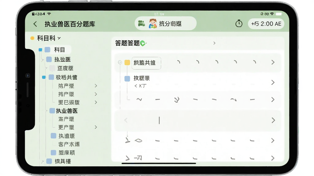一张手机横屏截图,展示“执业兽医百分题库”在平板或横屏模式下的界面布局,左侧是科目列表树形菜单,右侧是答题区域,顶部有答题卡和计时器,界面清晰,背景为浅绿色,风格简约,画质干净。