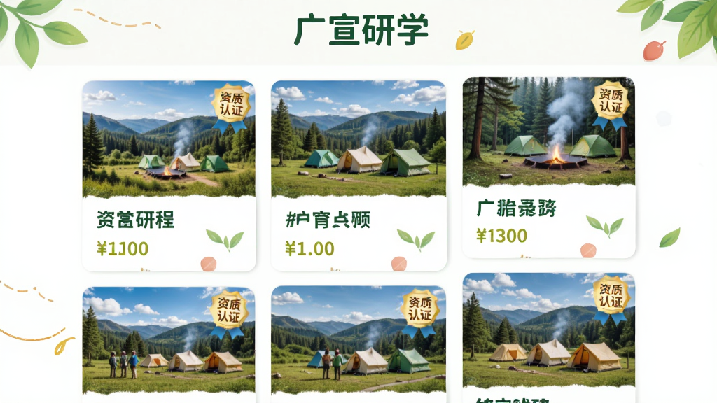 ͼƬ�ԡ�������ѧ���γ��б�ҳΪ���壬��Ļ��չʾ�����ѧ��·��Ƭ��ÿ�ſ�Ƭ���Է羰��Ӫ����Ƭ���γ����ƺͼ۸񡣲��ֲ����ٲ�����ʽ��ɫ���������ã����������Ȼ��ϸ����ͻ����������֤�����£����ʸ��壬�޶���Ԫ�أ����涥����ʾ��������ѧ��������