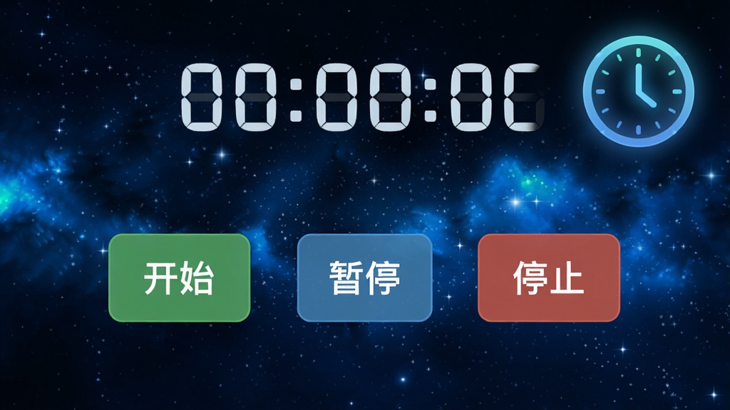 自动连点点击器助手运行界面,顶部显示倒计时数字,中间有“开始”“暂停”“停止”三个虚拟按键,背景为深蓝色星空效果,一个发光的时钟图标悬浮在屏幕角落,科技感十足,扁平化设计,高清画质,干净无多余元素。