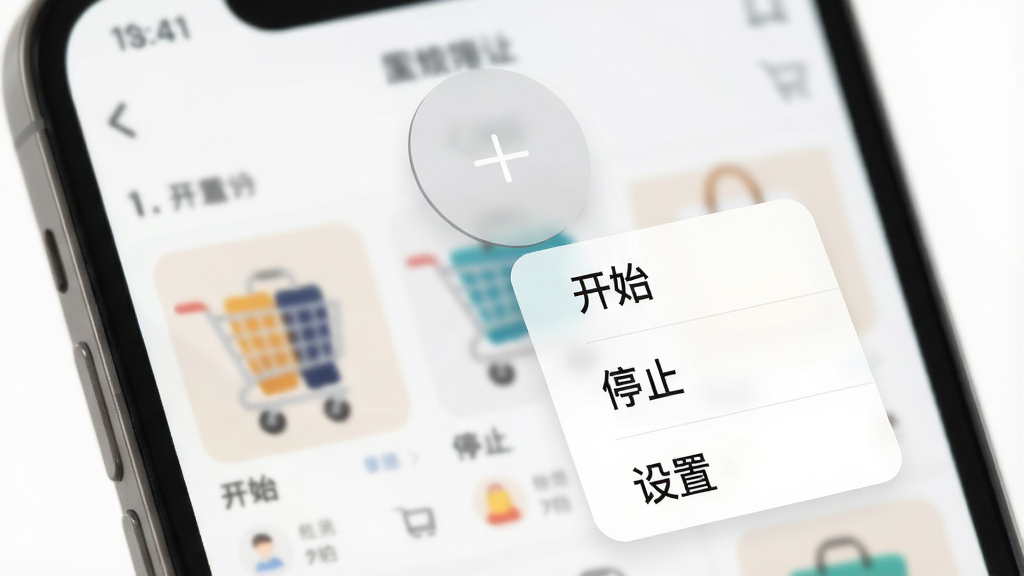 手机屏幕上方悬浮一个半透明圆形按钮,点击后展开显示“开始”“停止”“设置”选项,背景为模糊的购物APP界面,整体画面简洁,扁平化设计,高清画质,干净无多余元素。