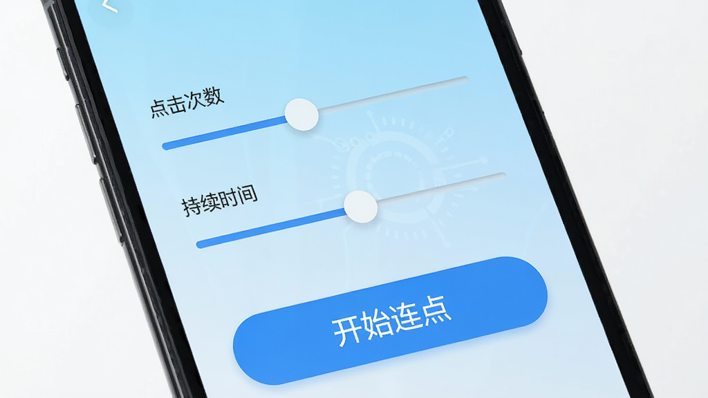 手机屏幕展示自动连点点击器助手的设置界面,界面上有“点击次数”滑块和“持续时间”调节条,下方显示“开始连点”大按钮,背景为浅蓝色科技感渐变,界面元素清晰,扁平化风格,细节丰富,高清画质,干净无多余元素。