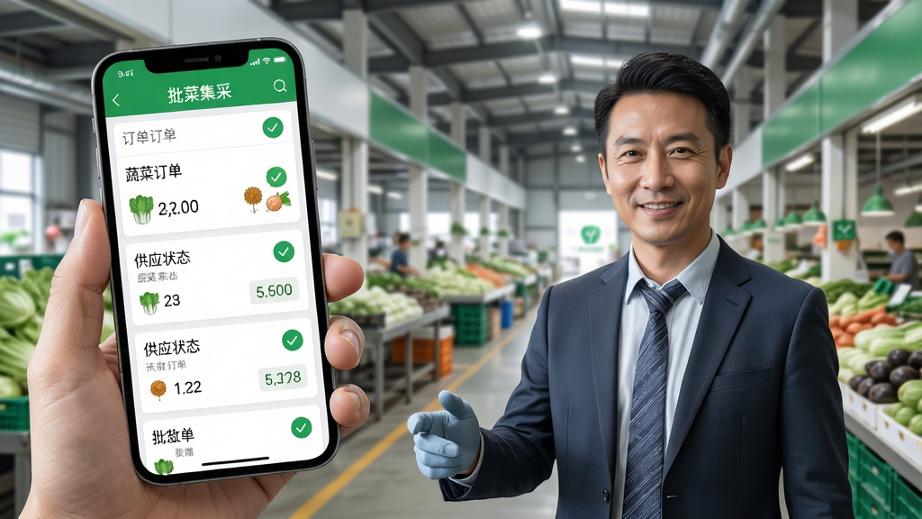 画面主体为一位采购经理手持手机使用“批菜集采”应用,界面显示蔬菜订单列表与供应状态图标,背景为现代化农批市场,布局采用左右分屏风格,左侧为手机界面特写,右侧为市场实景,整体风格写实明亮,细节包括订单数字、绿色对勾标识,画质高清干净,无多余元素