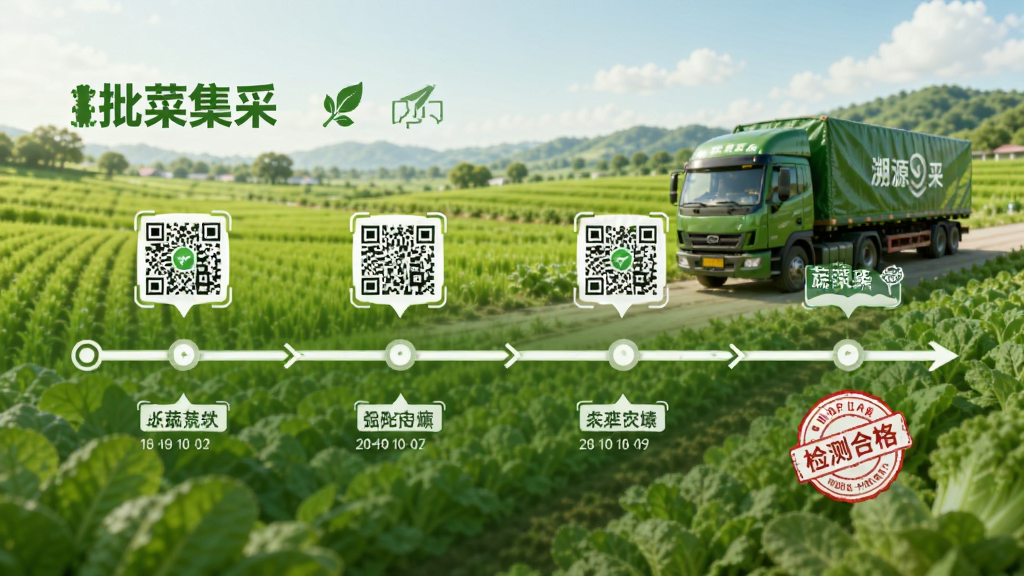 画面主体为“批菜集采”溯源功能页面,显示蔬菜从农田到餐桌的流程图,背景为绿色田园与货车运输场景,布局采用时间轴样式,风格清新自然,细节包括二维码图标、检测合格章,画质细腻干净,无多余元素