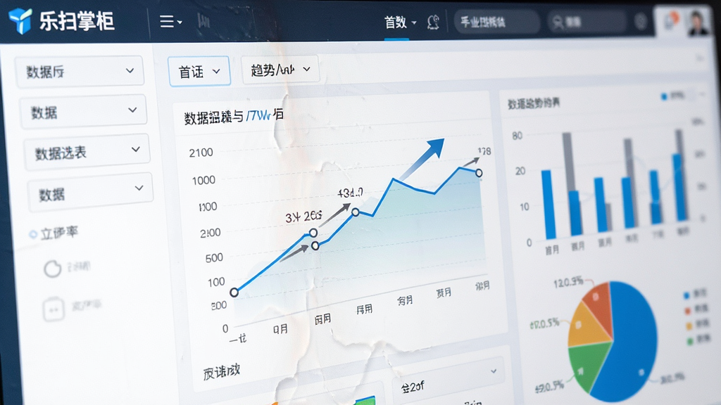 数据报表界面特写,主体为“乐扫掌柜”后台的统计图表页面,包含折线图、柱状图和饼图,布局以左右分栏展示数据筛选与图形区域,排版专业,风格商务简洁,细节标注关键数据点和趋势箭头,画质高清锐利,无多余元素