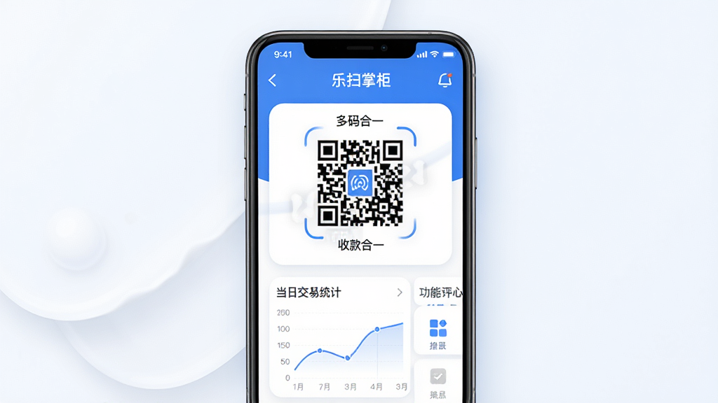 一幅现代简约风格的手机应用界面预览图,主体为“乐扫掌柜”APP主屏幕,展示多码合一的收款二维码、当日交易统计图表和功能菜单图标,布局清晰,排版整齐,采用蓝白主色调,细节包含圆角卡片设计和柔和阴影,画质高清干净,无多余元素