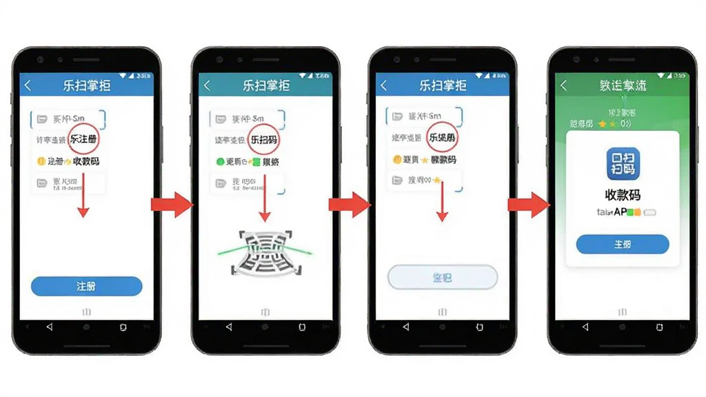 手机截图序列图,展示“乐扫掌柜”从注册到收款码生成的全过程,主体为手机屏幕上的四个步骤界面,布局为横向排列,排版规整,风格扁平化,细节包含每一步的红色箭头标注,画质清晰干净,无多余元素