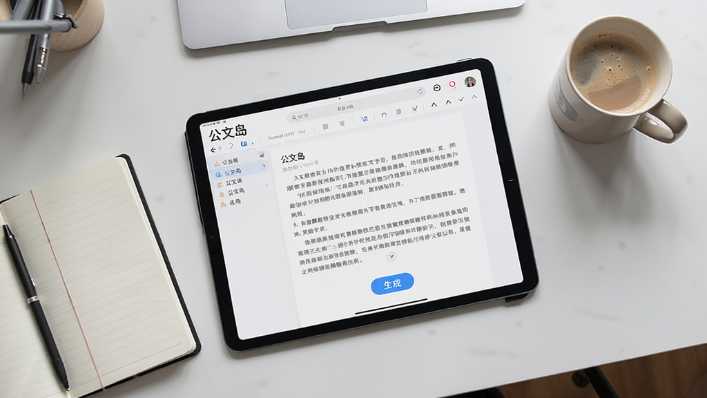 主体为一张俯拍的书桌,桌面上摊开着一台显示“公文岛”写作界面的平板电脑,旁边散落着笔记本和咖啡杯。布局为平视视角,排版自然,风格为写实摄影风格,细节包括屏幕上的文章段落和生成按钮,画质细腻柔和,干净无多余元素。