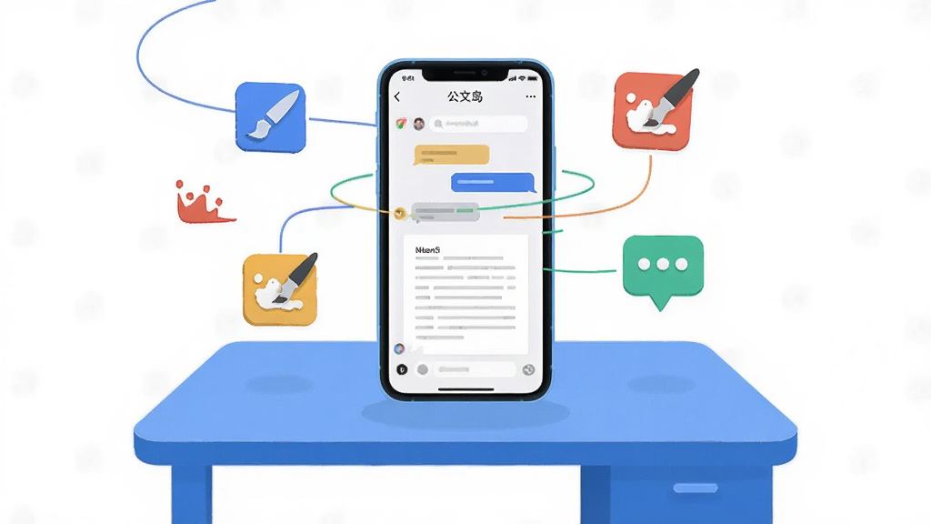 画面主体为一款名为“公文岛”的智能手机应用界面,界面悬浮于一个现代简约的蓝色虚拟工作台上,周围环绕着代表写作、绘画、聊天的彩色图标与线条。整体布局中心突出,排版干净有序,风格为扁平化科技感插画,细节包含屏幕内显示的对话气泡和文稿段落,画质清晰通透,干净无多余元素。