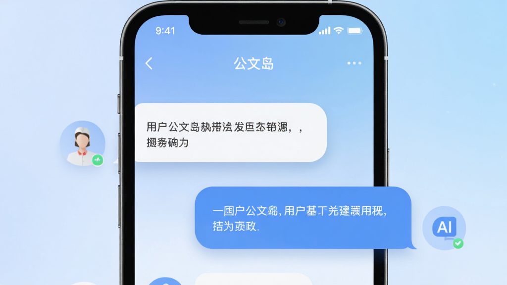 主体为智能手机屏幕上“公文岛”应用的AI对话界面,左侧是用户提问气泡,右侧是AI回答气泡,背景为柔和的渐变蓝色。布局采用上下对话流形式,排版清晰易读,风格为现代扁平化UI设计,细节包括流畅的圆角气泡和细腻的阴影,画质高清,干净无多余元素。