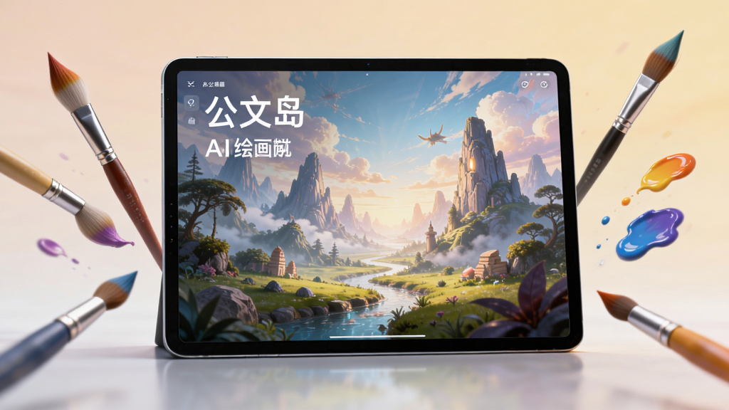 主体为一块立着的平板电脑,屏幕上展示着“公文岛”AI绘画功能生成的奇幻风景图,平板周围飘浮着画笔和颜料元素。布局为居中构图,排版有层次感,风格为超现实数字艺术风格,细节包括画面中的光影渐变和笔触质感,画质超高清新,干净无多余元素。