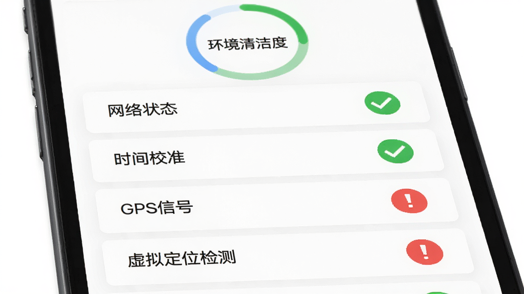 图片主体为“有理有据”APP的环境自检结果页面,屏幕上依次显示网络状态、时间校准、GPS信号、虚拟定位检测等条目,每个条目右侧有绿色对勾或红色感叹号,背景为白色卡片式设计,页面顶部有“环境清洁度”进度环,整体风格简洁直观,画质干净,无多余元素。