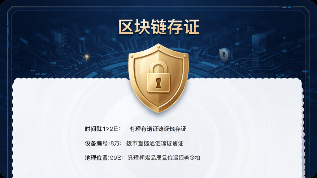 图片展示“有理有据”APP的存证证书页面,证书中央显示一个金色盾牌图标,上方有“区块链存证”字样,下方列出时间戳、设备编号、地理位置等字段,背景为深蓝色科技纹理,整体风格庄重正式,布局对称,细节精致,画质高清干净。