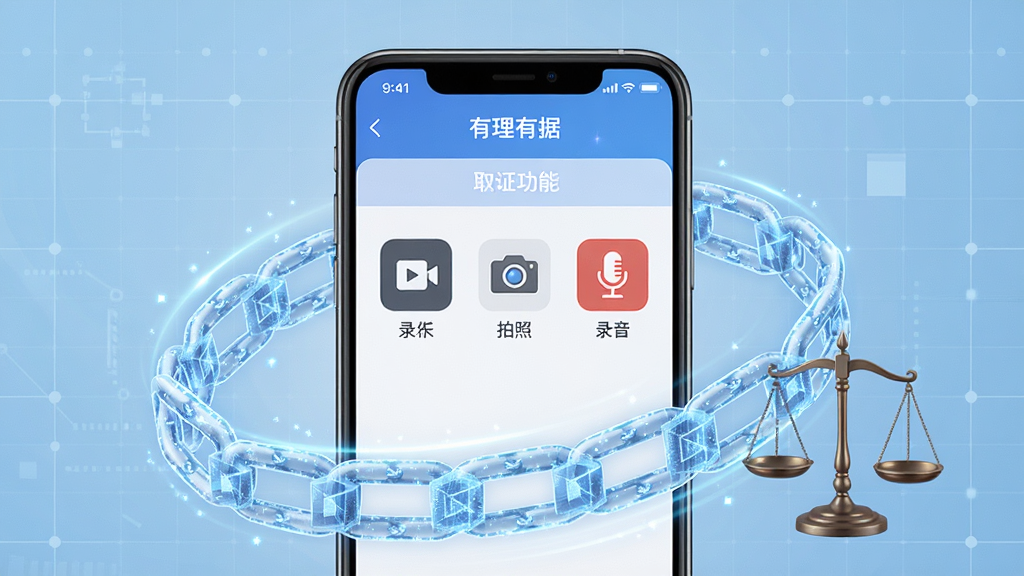 画面主体为一部正在运行“有理有据”APP的智能手机,屏幕清晰展示取证功能菜单,包含录屏、拍照、录音等图标,手机周围环绕着代表区块链的链状光效和司法天平元素,背景为淡蓝色科技网格,整体布局居中对称,风格写实且具有科技感,细节丰富,画质高清干净,无多余元素。