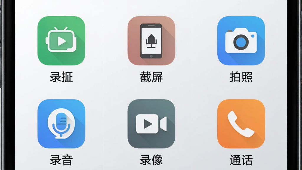 图片主体为“有理有据”APP的取证模式选择界面,屏幕上以九宫格形式展示录屏、截屏、拍照、录音、录像、通话等六个功能图标,每个图标下方有中文标签,背景为浅灰色渐变,界面简洁明亮,图标采用扁平化设计,整体排版规整,画质清晰干净,无多余元素。