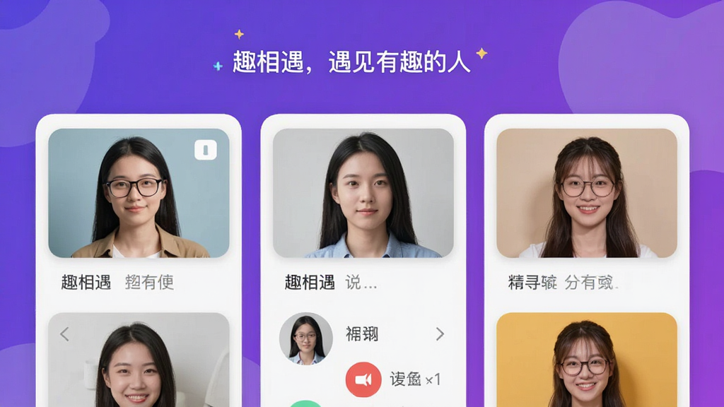 趣相遇软件主界面预览图,展示视频聊天卡片列表,背景为渐变紫色,界面简洁现代,人物头像清晰,配文“趣相遇,遇见有趣的人”,高清画质,干净无多余元素