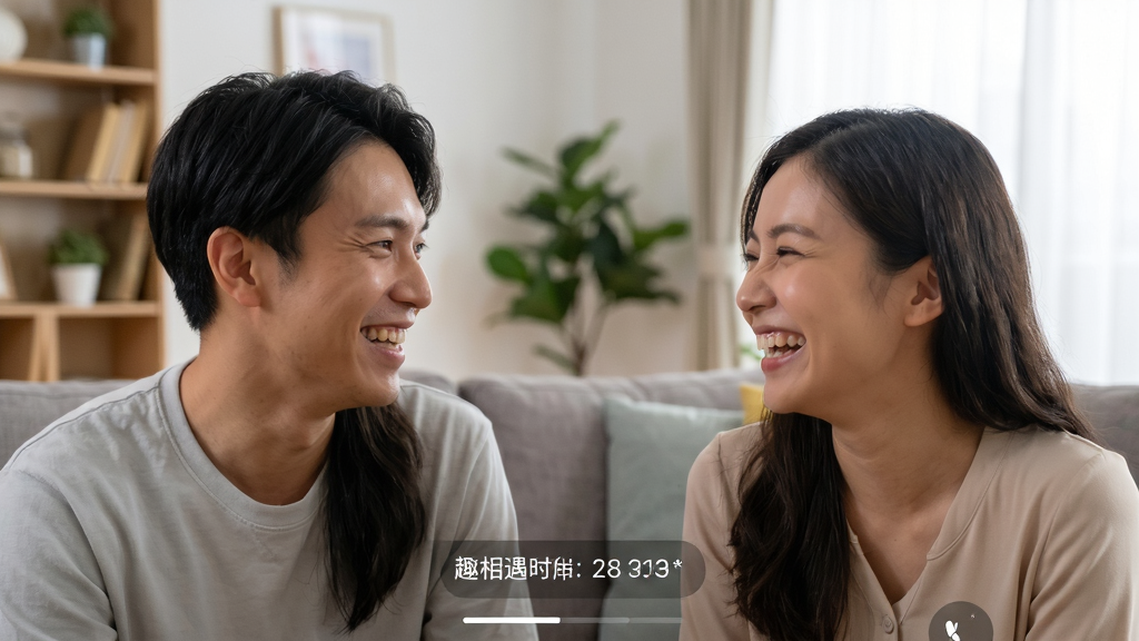 趣相遇高清视频通话界面,两人正在开心畅聊,画面清晰明亮,背景为客厅环境,下方显示通话时长,风格自然,高清画质,干净无多余元素