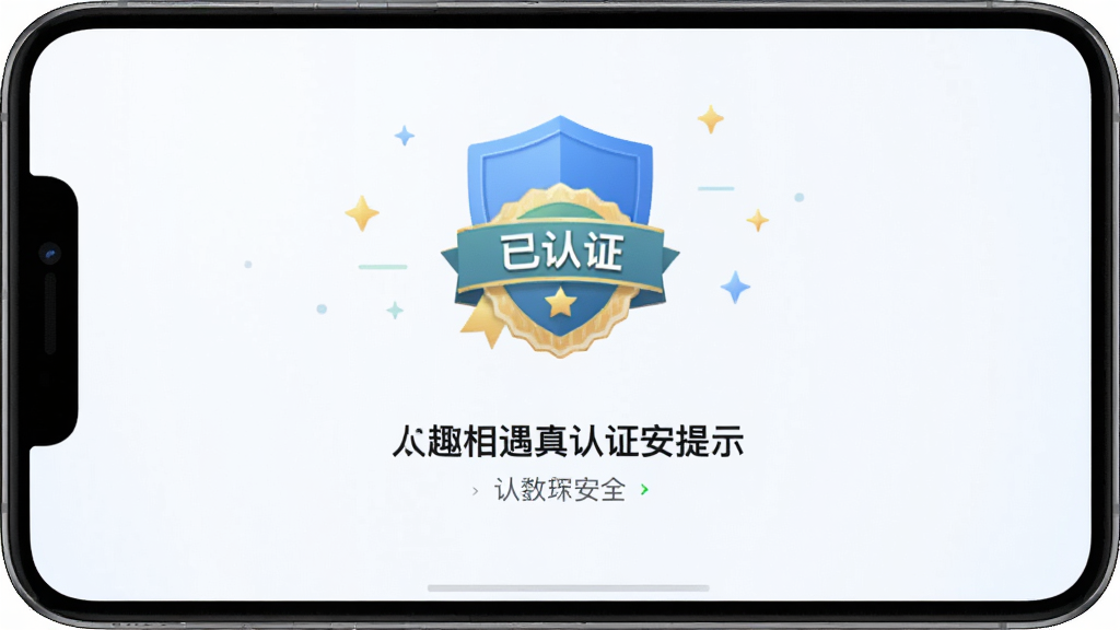 趣相遇真人认证安全提示界面,显示“已认证”徽章,背景为蓝色盾牌图标,界面简洁,风格清新,文字清晰,高清画质,干净无多余元素