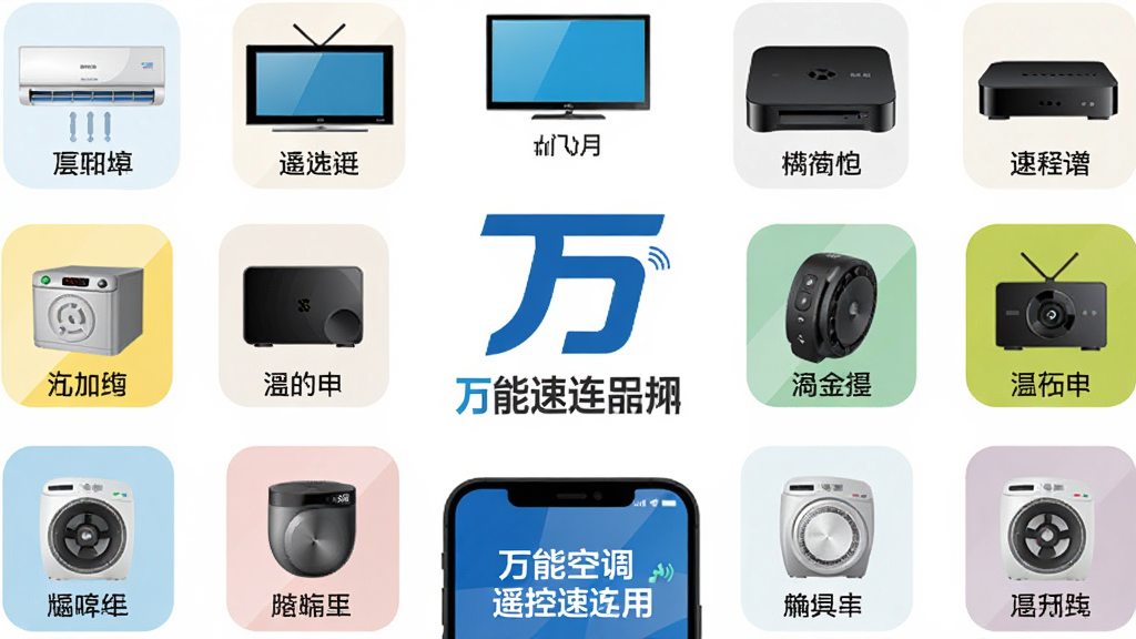 主体:万能空调遥控速连应用品牌logo与众多家电品牌图标环绕,包括空调、电视、机顶盒等,中心为手机遥控界面。布局:品牌logo置于中央,家电图标呈圆形排列,手机位于下方。排版:图标大小统一,间距适中,色彩鲜艳。风格:扁平化设计,现代感强。细节:每个家电图标下方标注品牌名称,手机屏幕显示“万能空调遥控速连”字样。画质:高清矢量风格,干净整洁。