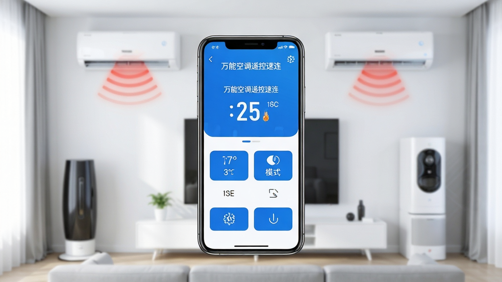 主体:智能手机屏幕显示万能空调遥控速连应用界面,背景为现代简约客厅,空调与电视清晰可见,手机悬浮于画面中央,界面显示温度调节和模式切换按钮。布局:手机居中偏上,家电环绕分布,整体呈三角形构图。排版:界面UI元素清晰,图标简洁,色彩以蓝白为主。风格:科技感与生活化结合,明亮通透。细节:手机屏幕中显示“万能空调遥控速连”字样及温度数字,空调面板有红外信号示意线。画质:8K超清,干净无多余元素。
