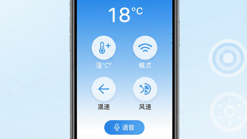 主体:手机竖屏展示万能空调遥控速连主界面,背景为纯色渐变,界面包含温度加减、模式切换、风速调节等圆形图标。布局:界面居中,图标对称排列,顶部显示当前温度。排版:大图标大字体,间距开阔,便于触控。风格:简约扁平,蓝白渐变。细节:图标下方标注中文功能名称,底部有“语音”按钮。画质:高清渲染,干净无多余元素。