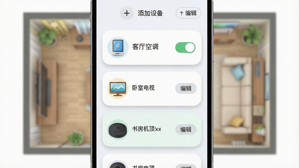 主体:手机界面显示万能空调遥控速连设备列表,包含客厅空调、卧室电视、书房机顶盒等卡片,背景为家居平面图。布局:设备卡片纵向排列,每个卡片有设备图标和开关状态。排版:卡片圆角设计,阴影柔和,色彩清新。风格:拟物与扁平结合,浅色系。细节:卡片右侧有“编辑”按钮,顶部有“添加设备”入口。画质:高清UI设计,干净无多余元素。