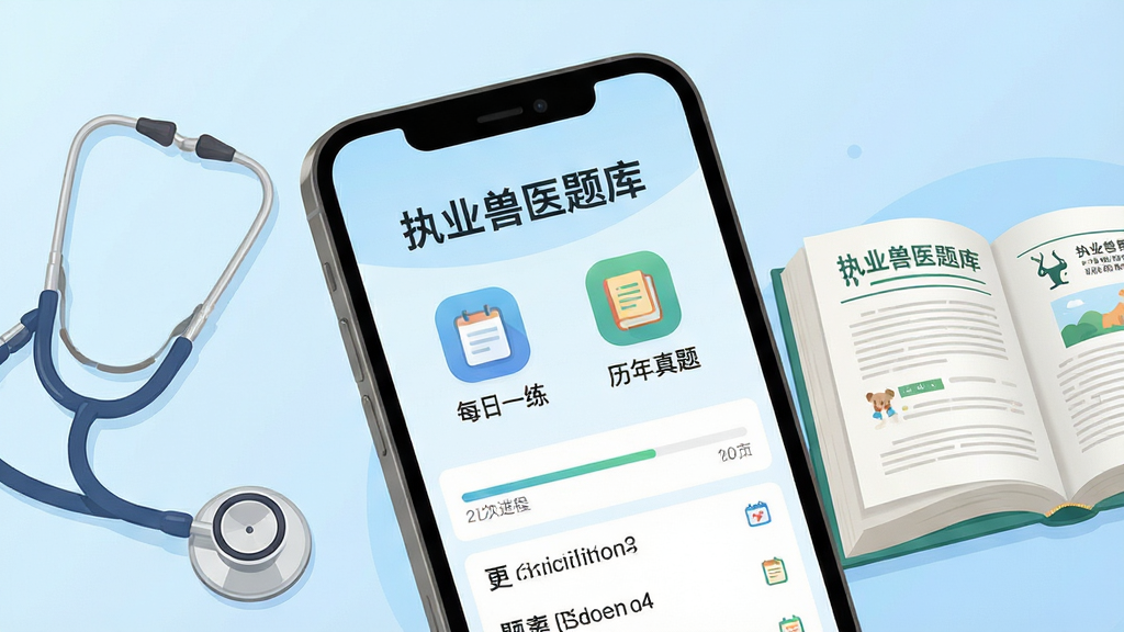 画面主体为一部智能手机屏幕展示执业兽医题库APP界面,界面中央显示“每日一练”和“历年真题”图标,背景为淡蓝色渐变,营造清爽学习氛围;布局采用居中构图,手机微微倾斜,旁边摆放兽医听诊器和一本翻开的兽医教材;排版简洁,文字区域突出“执业兽医题库”字样,风格为扁平化插画,细节包括手机屏幕上的题目列表和进度条,画质高清,干净无多余元素。