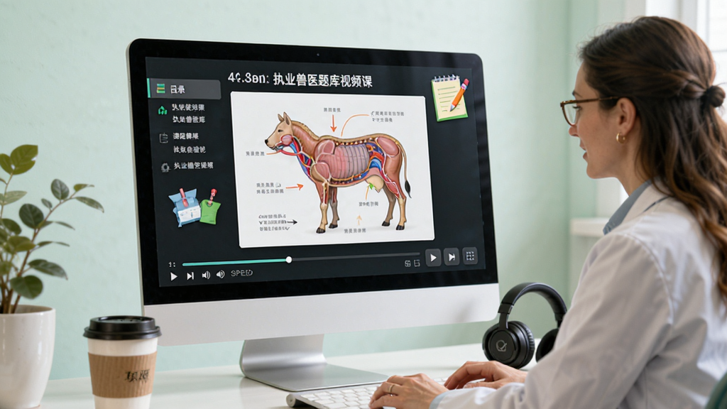 画面主体为电脑屏幕播放执业兽医题库视频课,教师正在讲解动物解剖图,屏幕下方有进度条和播放速度按钮;布局采用侧面视角,电脑旁边放有咖啡杯和耳机;排版简洁,风格清新,细节包括屏幕上的课程目录和笔记图标,画质高清,无多余元素。