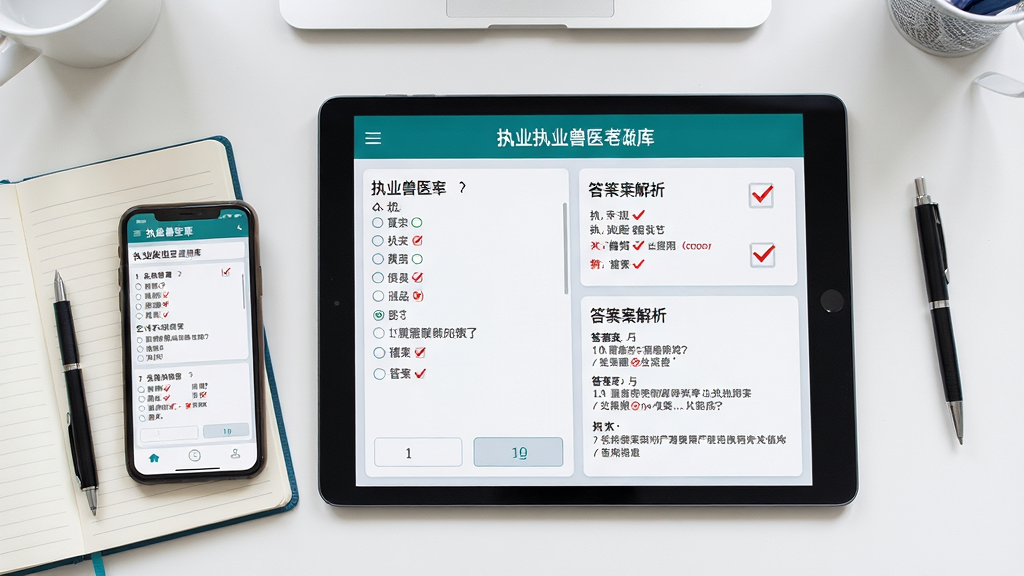 画面主体为整洁书桌,桌面上摆放平板电脑显示执业兽医题库做题界面,屏幕中呈现选择题和答案解析,旁边放有笔记本和笔;布局采用俯拍视角,突出手机与书本的互动感;排版清晰,风格写实,细节包括屏幕上的红色对勾和错题标记,画质高清,干净明亮。