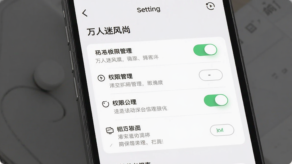 万人迷风尚使用指南操作界面,主体为手机应用设置页面,显示权限管理选项,布局清晰,排版规整,风格简洁现代,细节包含开关按钮、列表项、提示文字,画质高清,干净无多余元素。