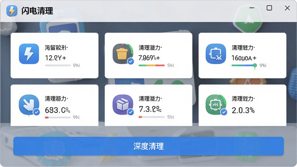 主体:“闪电清理”软件界面展示深度清理功能,正在清理卸载后遗留的数据包。布局:界面以卡片形式展示多个应用的残留大小,下方是“深度清理”按钮。排版:信息层级分明,数据准确。风格:简洁商务风,图标精致。细节:每个卡片都有不同颜色的进度环,显示清理潜力。画质:清晰,专业,无多余元素。