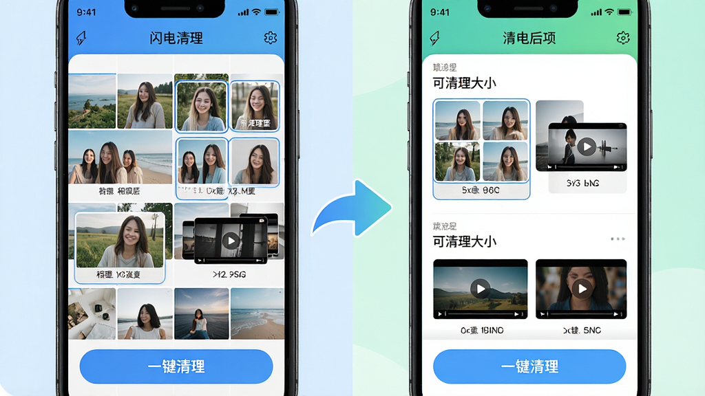 主体:手机相册界面,正被“闪电清理”软件智能分类整理。布局:左侧是杂乱相册缩略图,右侧是清理后的整洁界面,中间有对比箭头。排版:界面展示相似图片组和视频文件,并标注可清理大小。风格:清新明亮,UI友好。细节:相似图片被框选,视频文件有预览图,底部有“一键清理”按钮。画质:高清,干净,无多余元素。