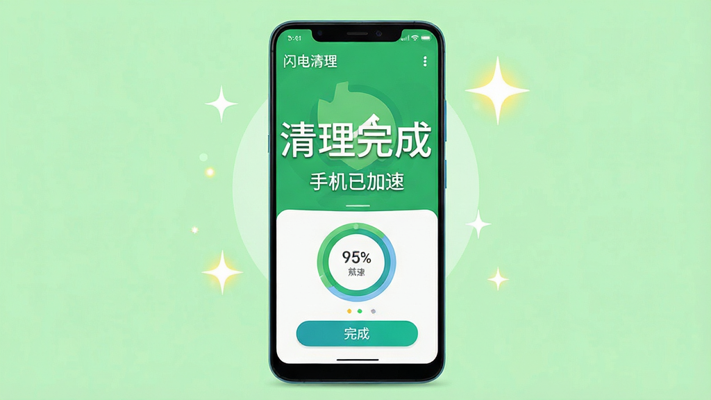 主体:一张整洁的安卓手机桌面,正在运行“闪电清理”软件,显示清理完成后的健康状态。布局:手机居中,界面显示“清理完成”和“手机已加速”的醒目提示,周围有光泽点缀。排版:界面UI清爽,数据展示为环形图。风格:现代扁平化,色彩明快。细节:有“完成”按钮,背景为浅绿色,寓意安全健康。画质:高清,干净,无多余元素。