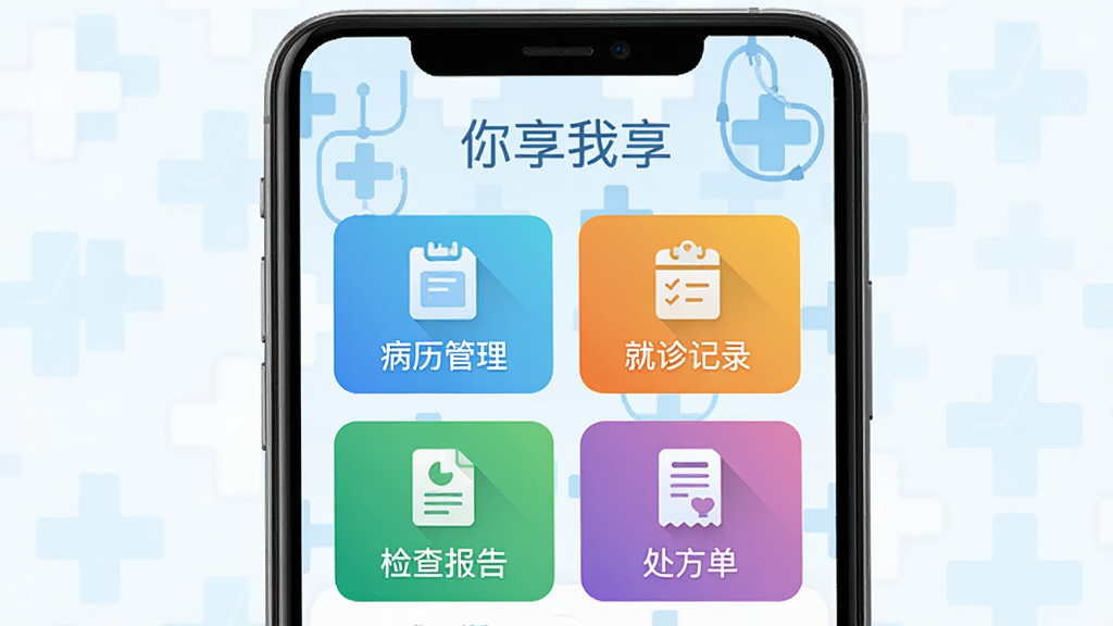 画面主体为一部智能手机屏幕,屏幕内展示你享我享APP的主界面,界面顶部显示“你享我享”字样,下方整齐排列着“病历管理”、“就诊记录”、“检查报告”、“处方单”等彩色图标卡片,整体布局清晰简洁,背景为淡蓝色医疗十字图案,风格扁平化,细节丰富,画质干净,无多余元素